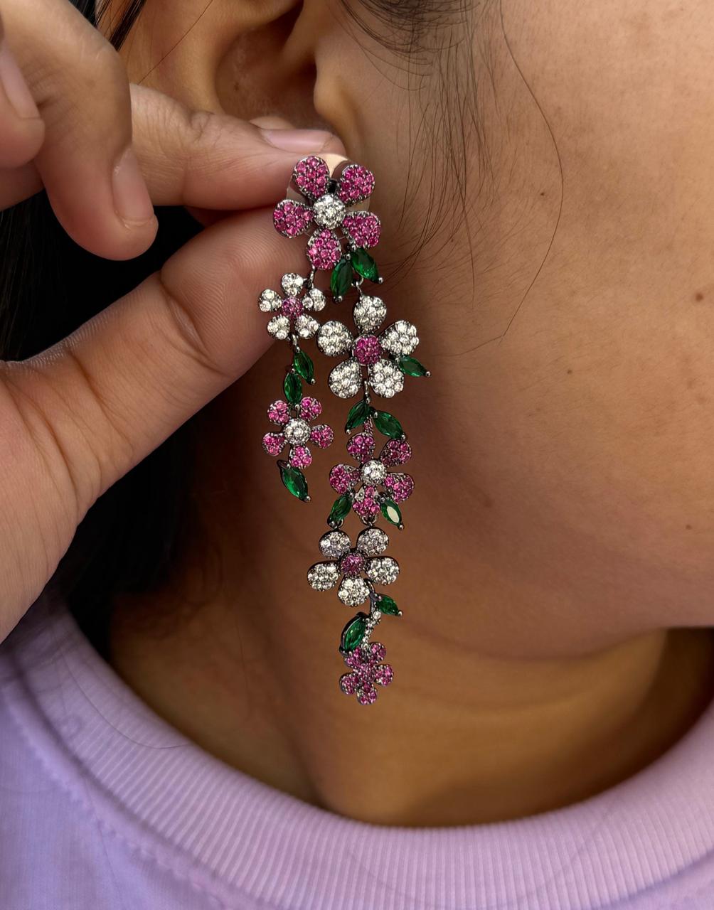 Flowers With Leafy Long CZ Earrngs