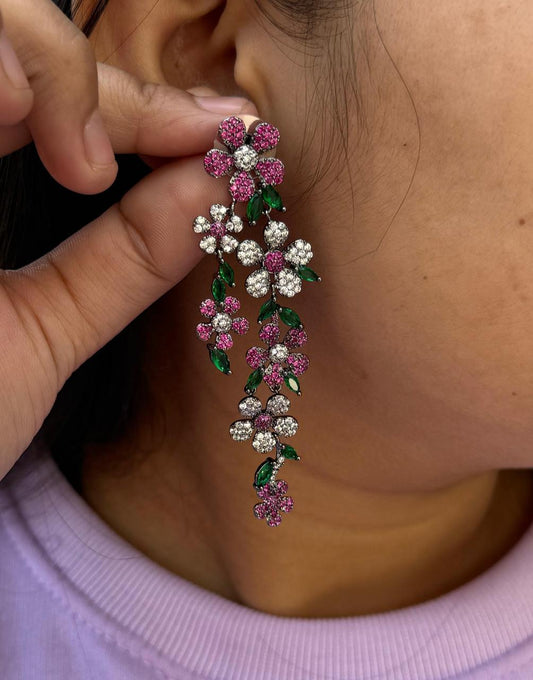 Flowers With Leafy Long CZ Earrngs