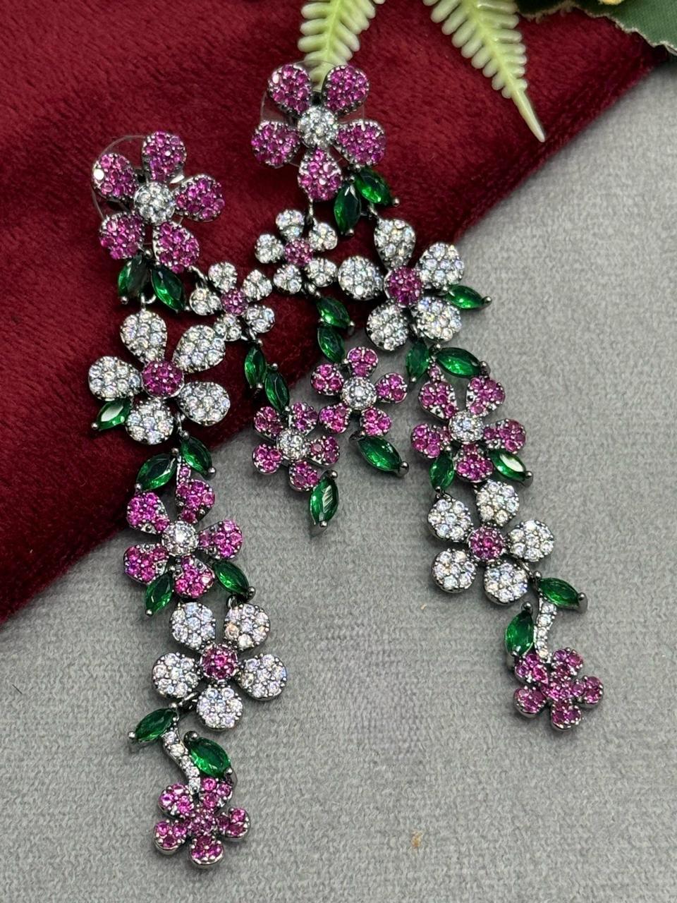 Flowers With Leafy Long CZ Earrngs