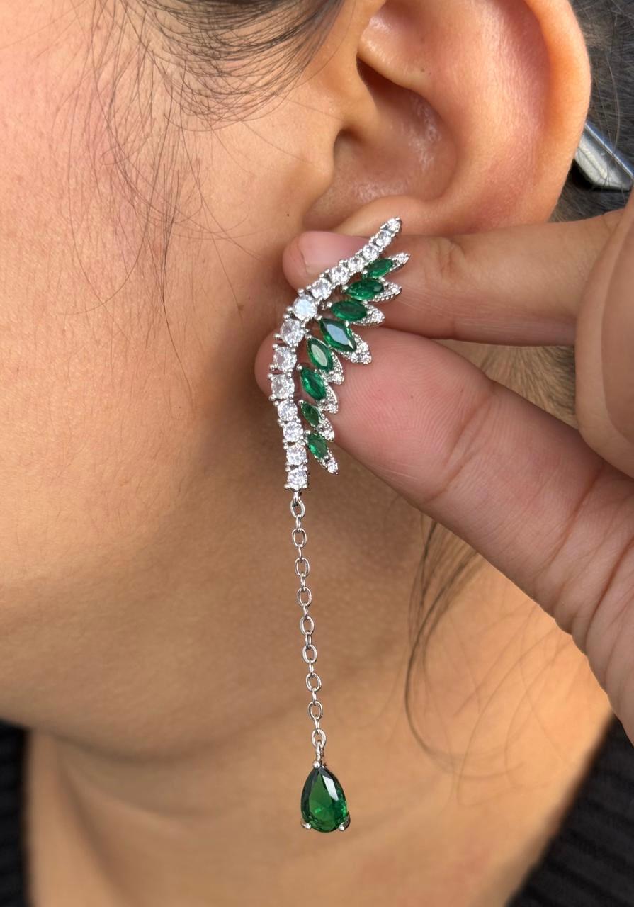 Crystal Earcuff With Green Teardrop Dangler