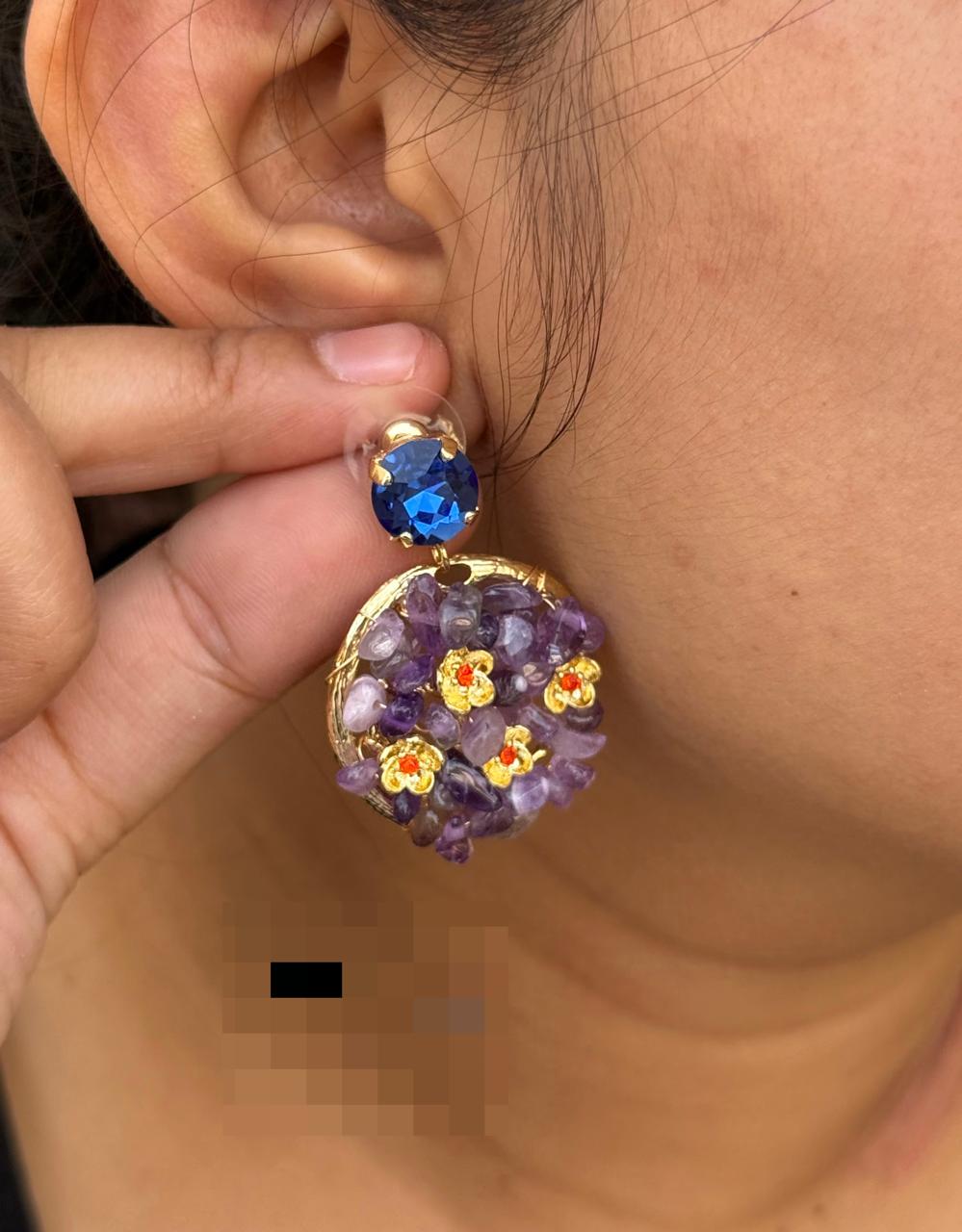 Purple Floral Art Round Earrings