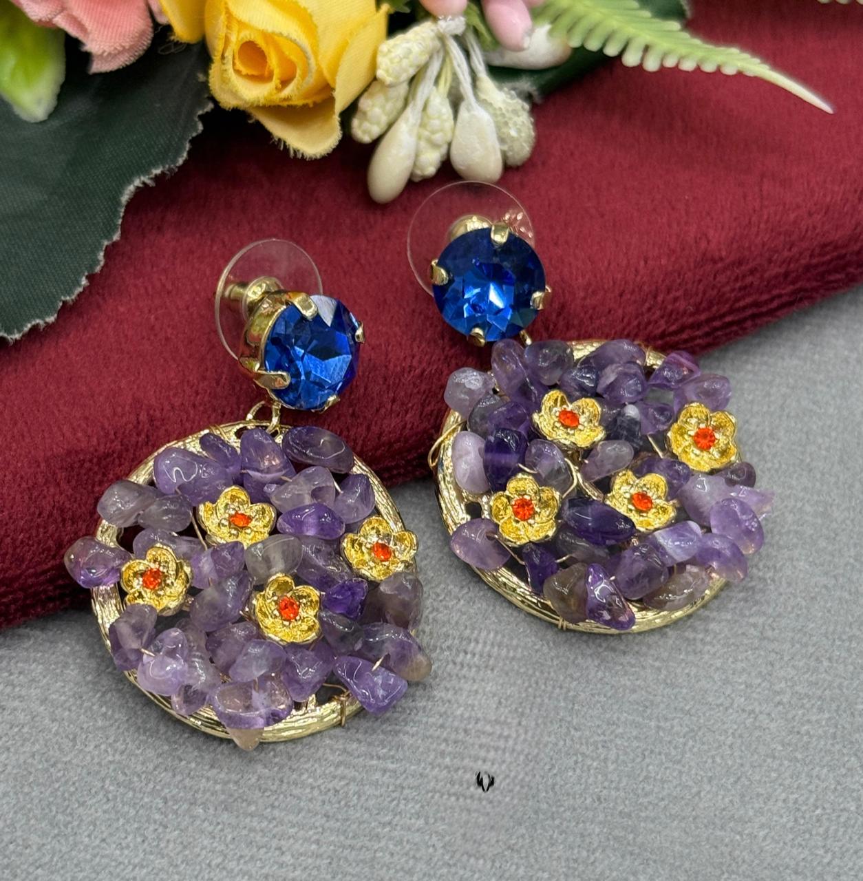 Purple Floral Art Round Earrings