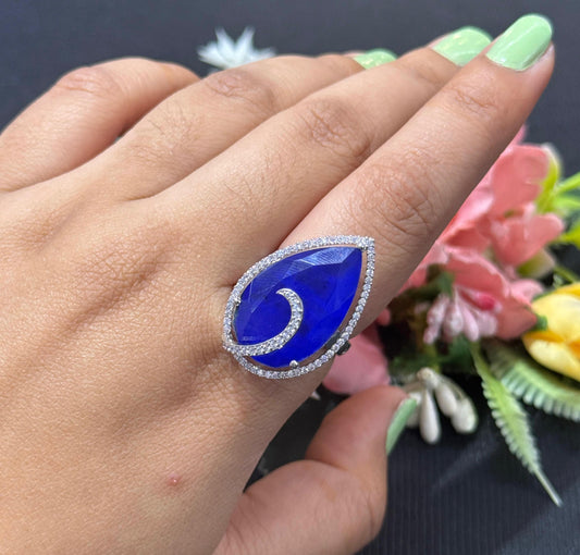 Doublet Stones Sapphire Blue Ring With CZ