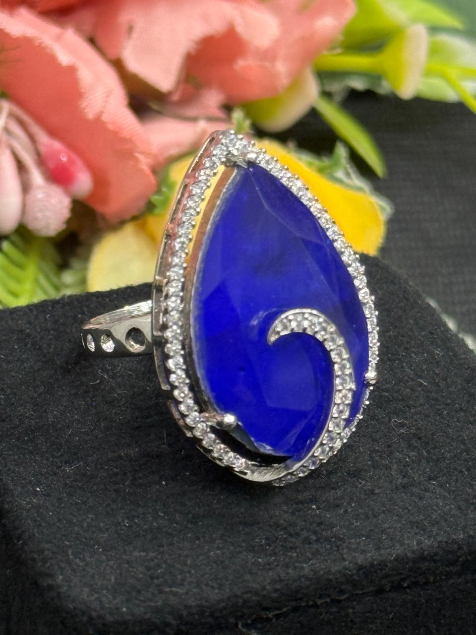 Doublet Stones Sapphire Blue Ring With CZ