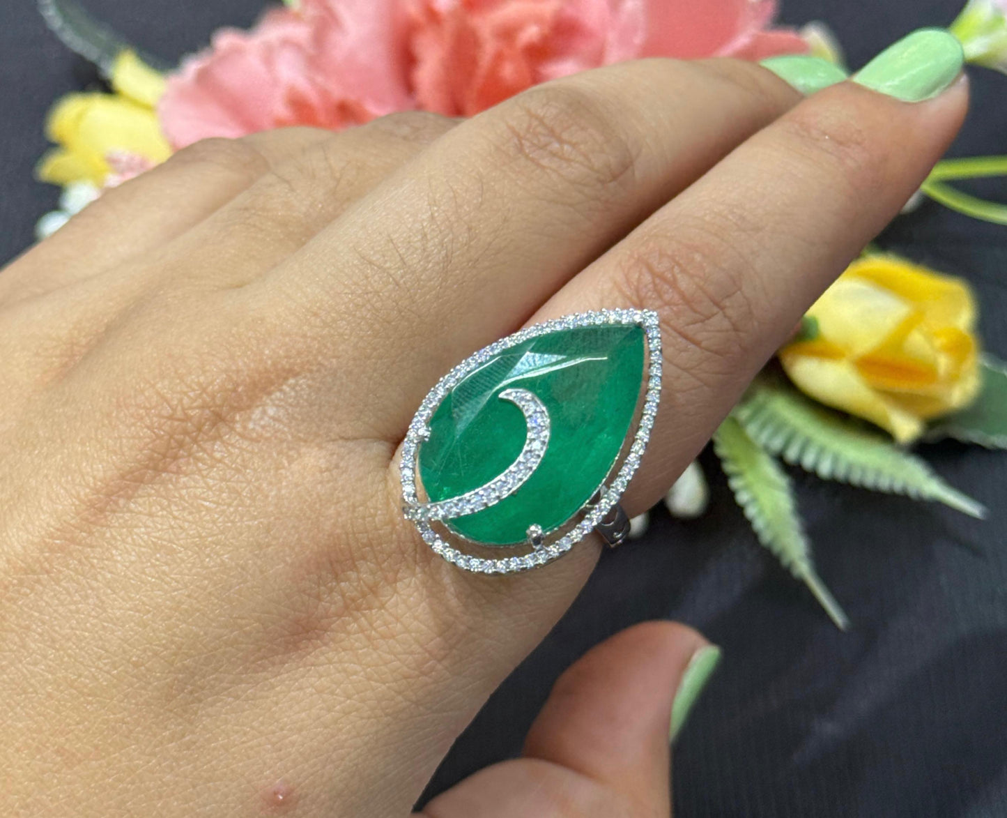 Doublet Stones Green Ring With CZ