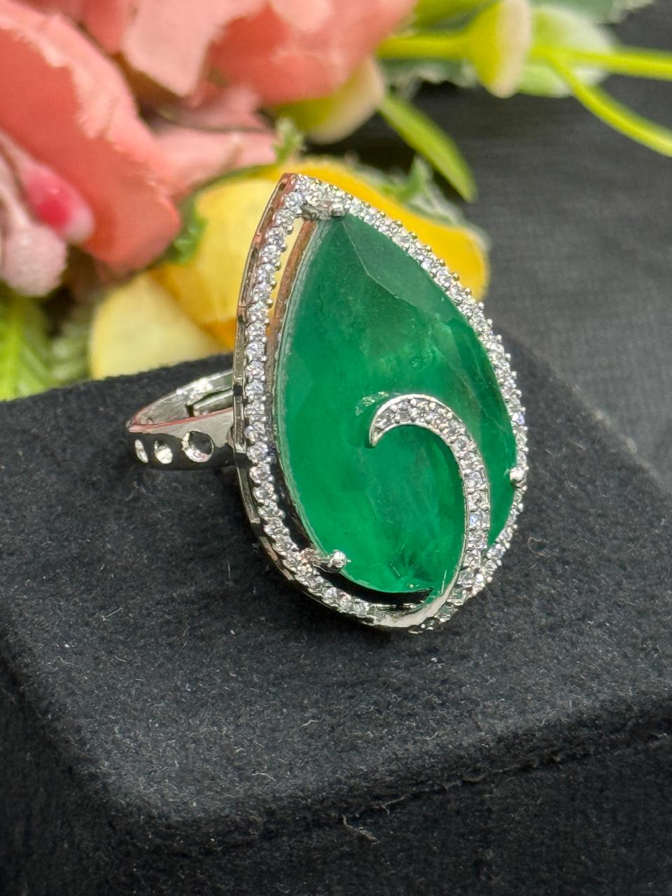 Doublet Stones Green Ring With CZ