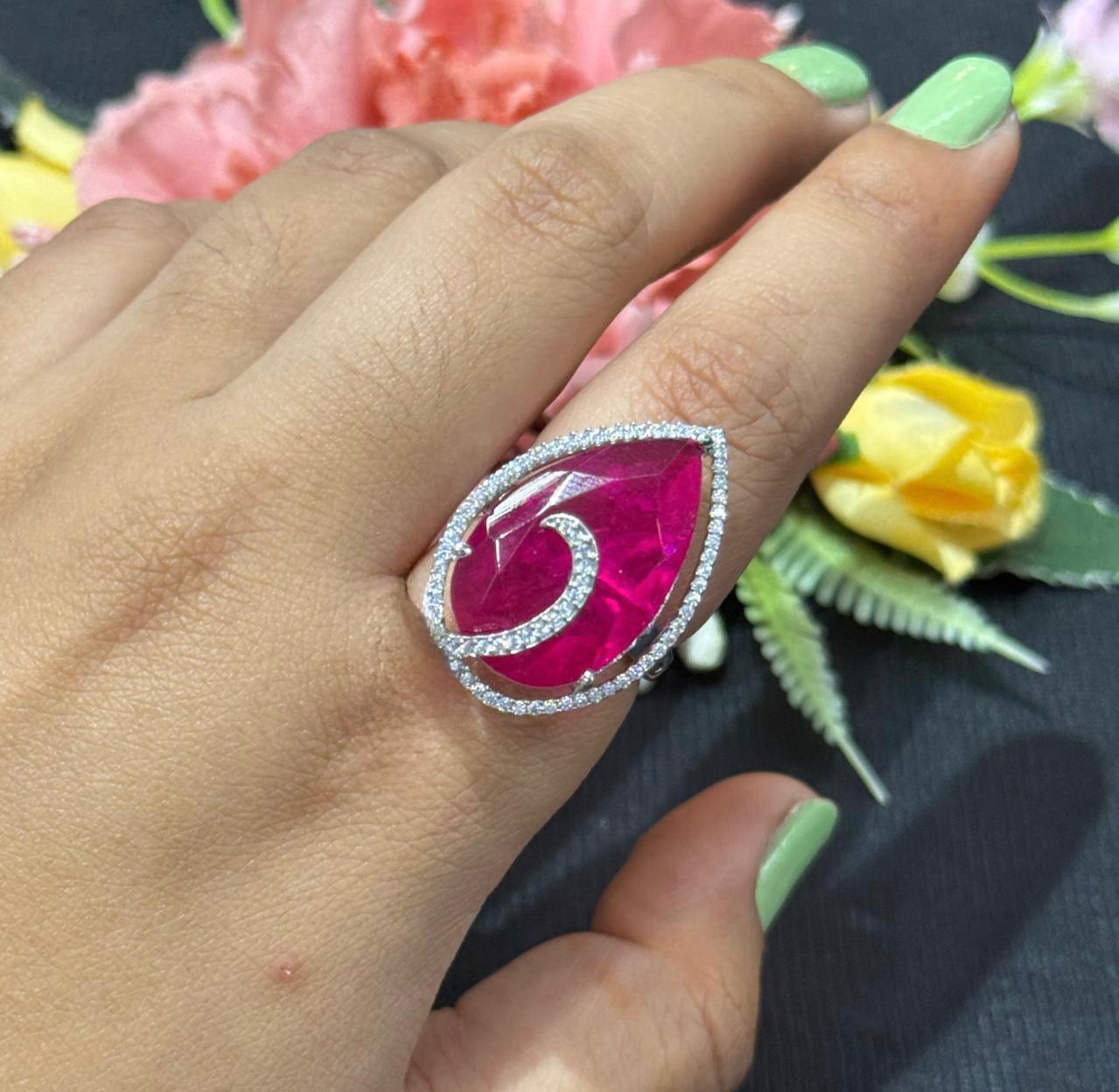 Doublet Stones HotPink Ring With CZ