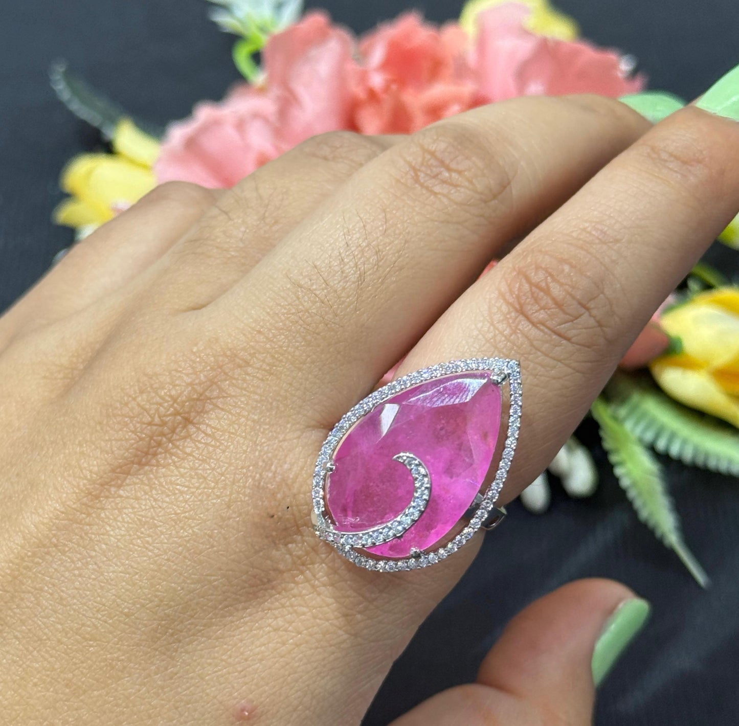 Doublet Stones Blush Pink Ring With CZ