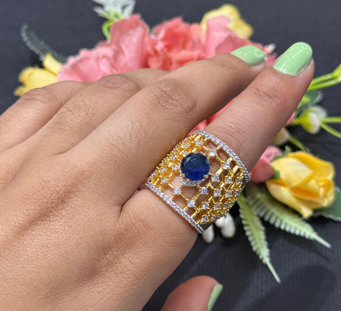 Cocktail With Zircon Golden Polish  Blue Ring