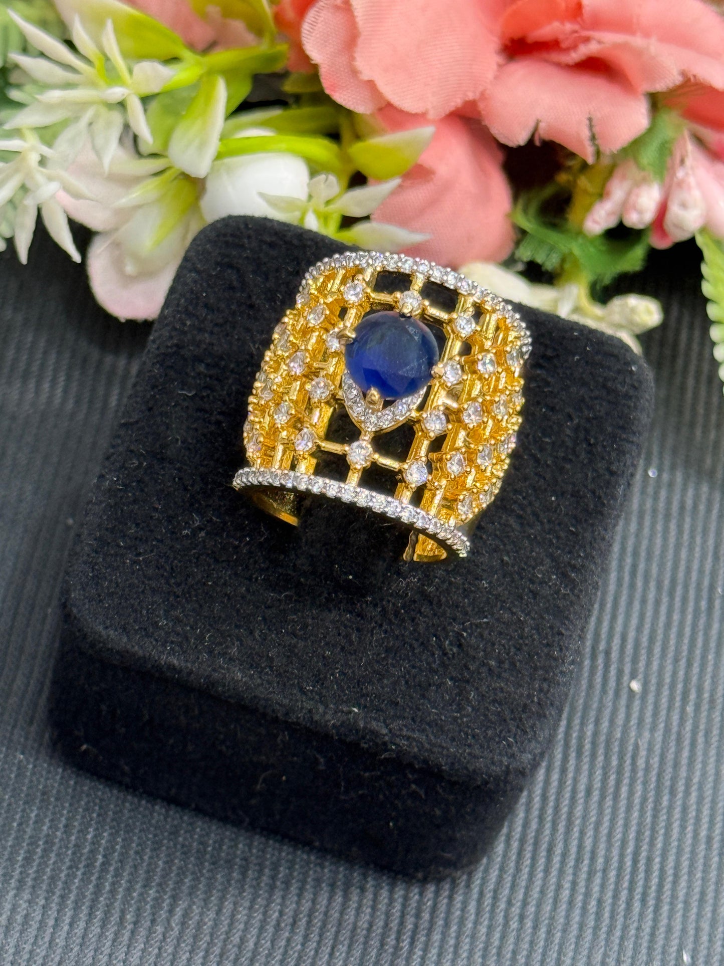 Cocktail With Zircon Golden Polish  Blue Ring