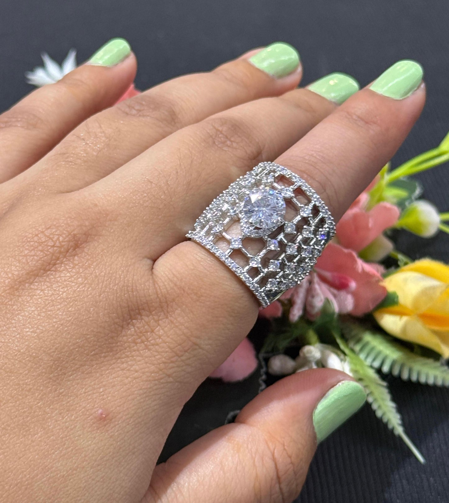 Cocktail With Zircon Silver Polish Ring