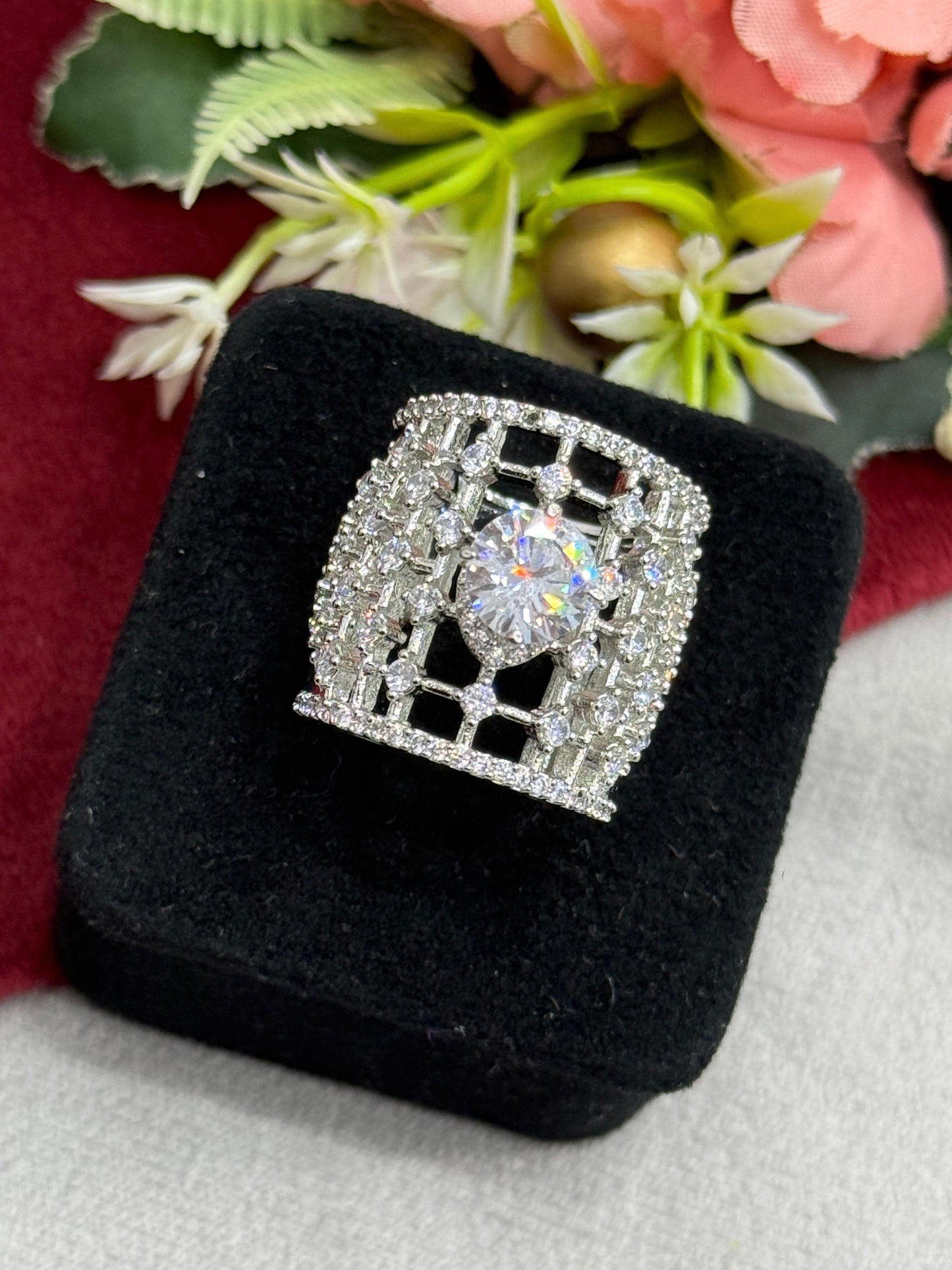 Cocktail With Zircon Silver Polish Ring