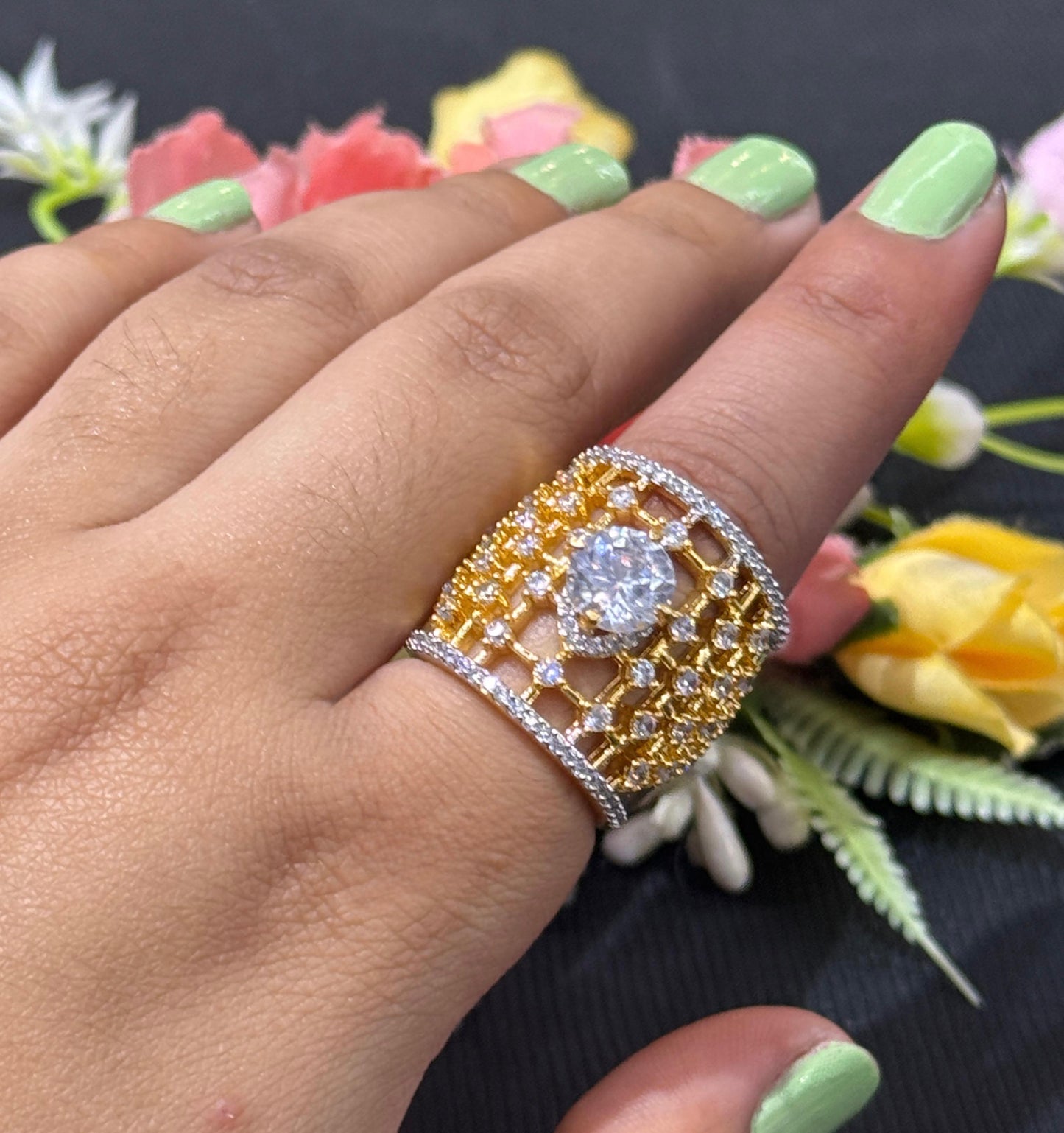 Cocktail With Zircon Golden Polish Ring