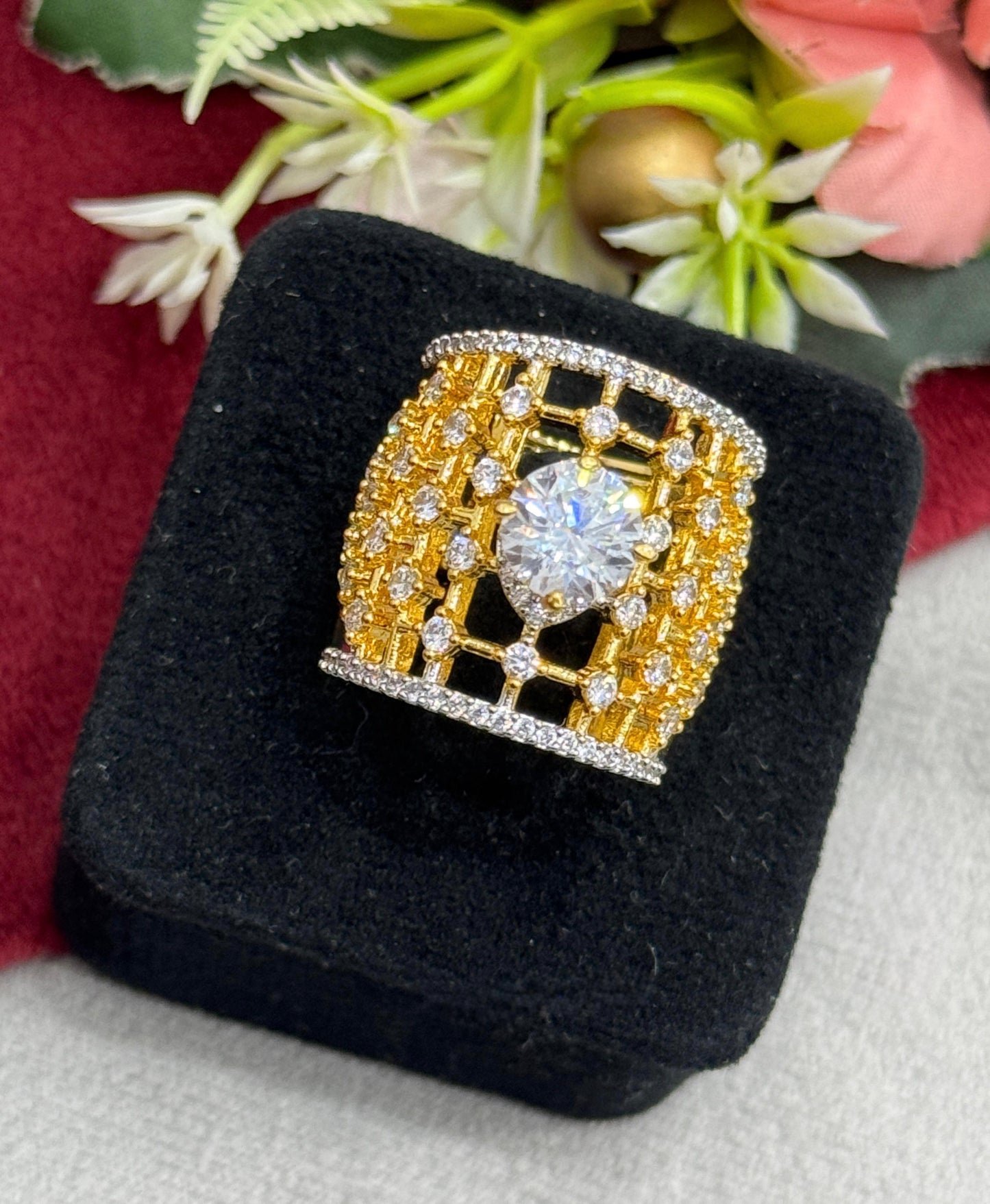 Cocktail With Zircon Golden Polish Ring