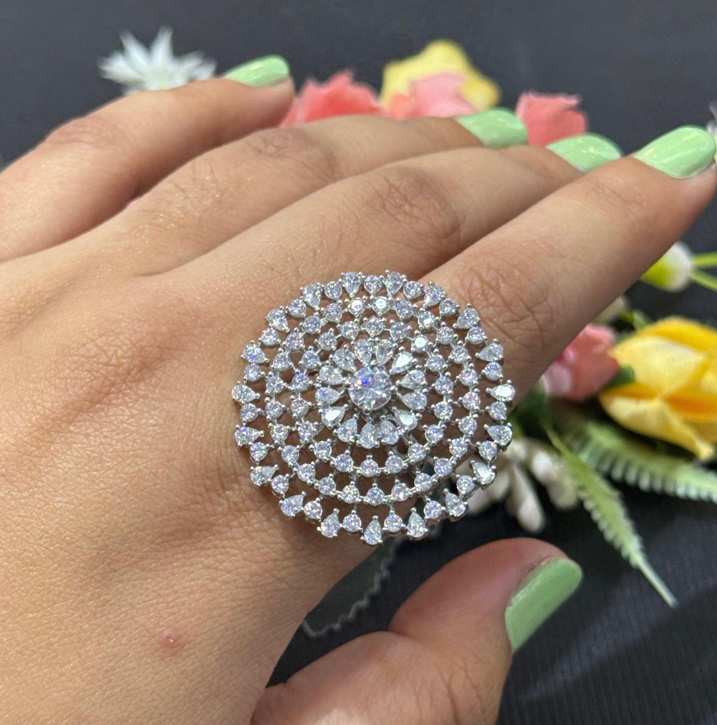 Designer Floral Cluster American Diamond Ring