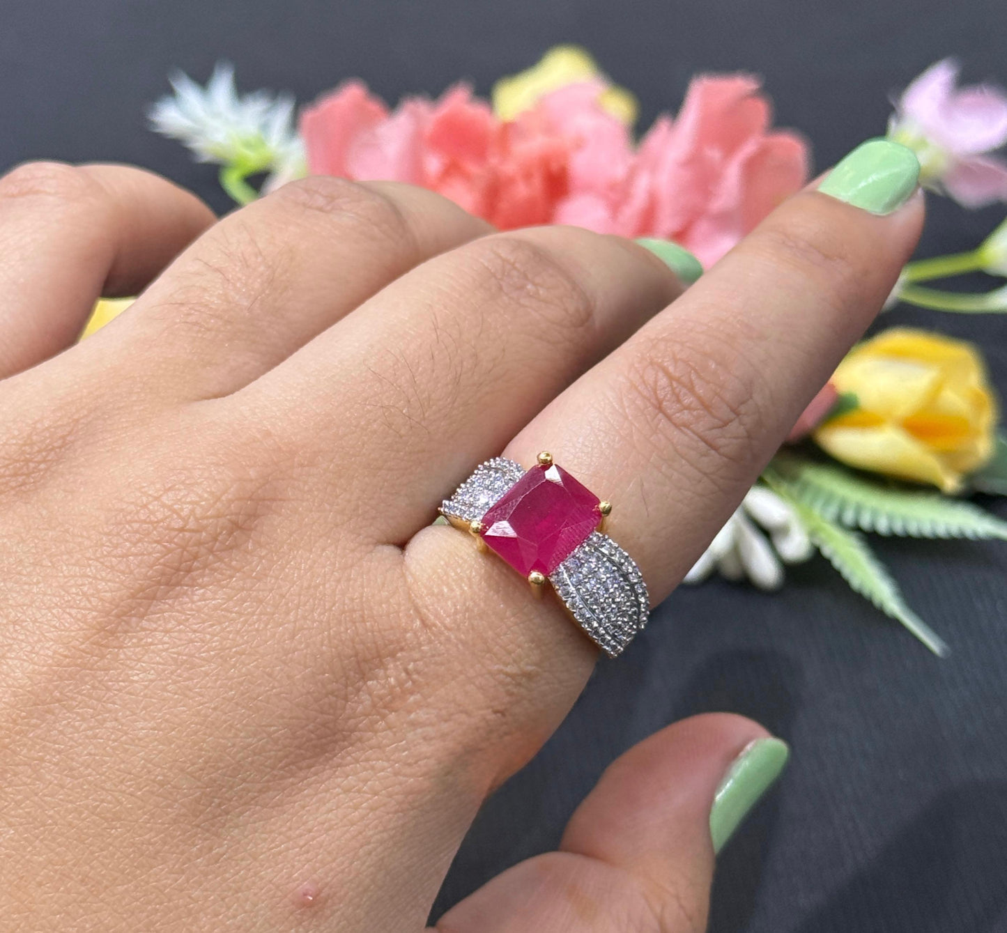 Elegant Ruby Crystal Ring Golden Polish