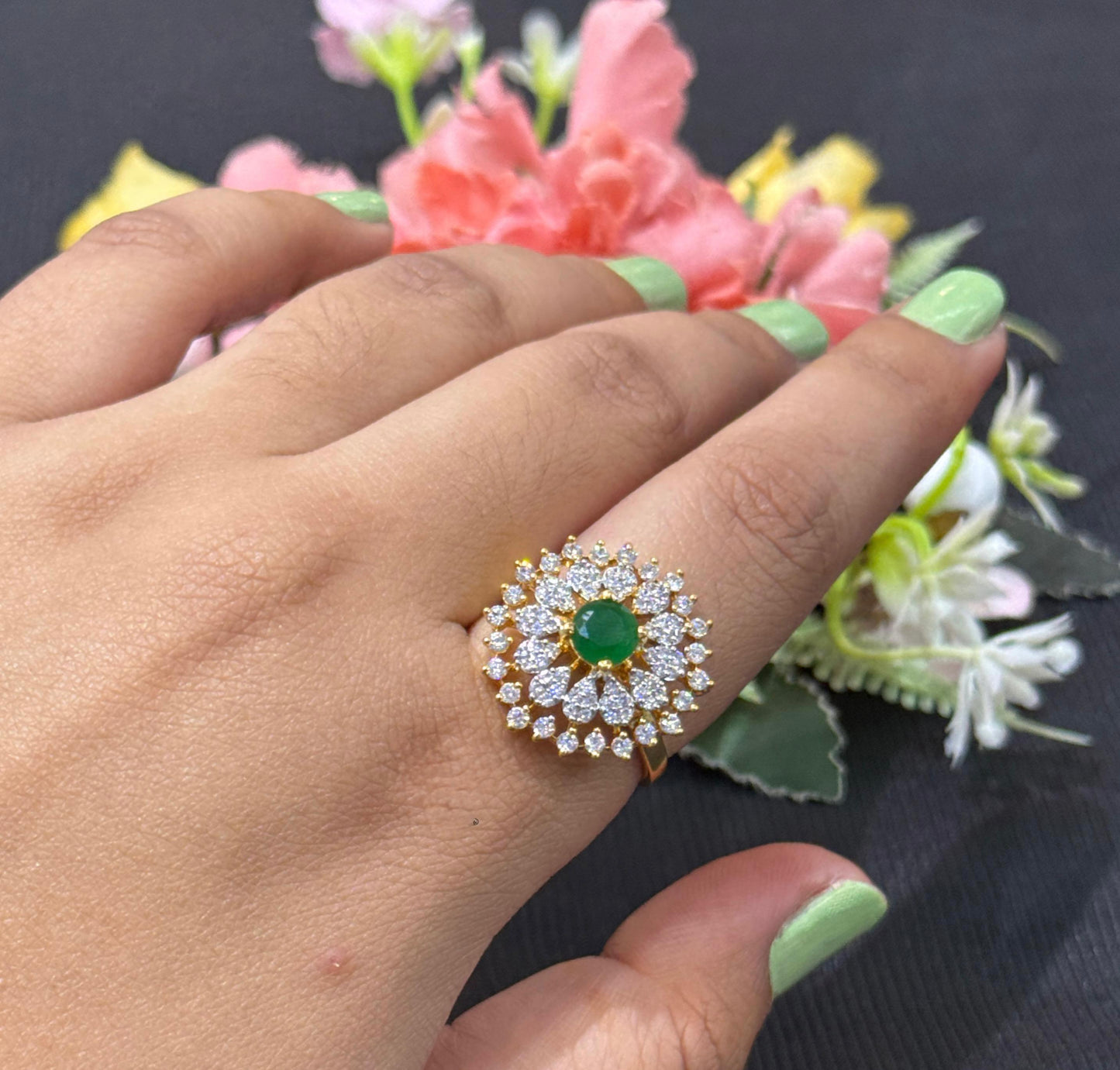 Premium Floral Cluster Ring In Green