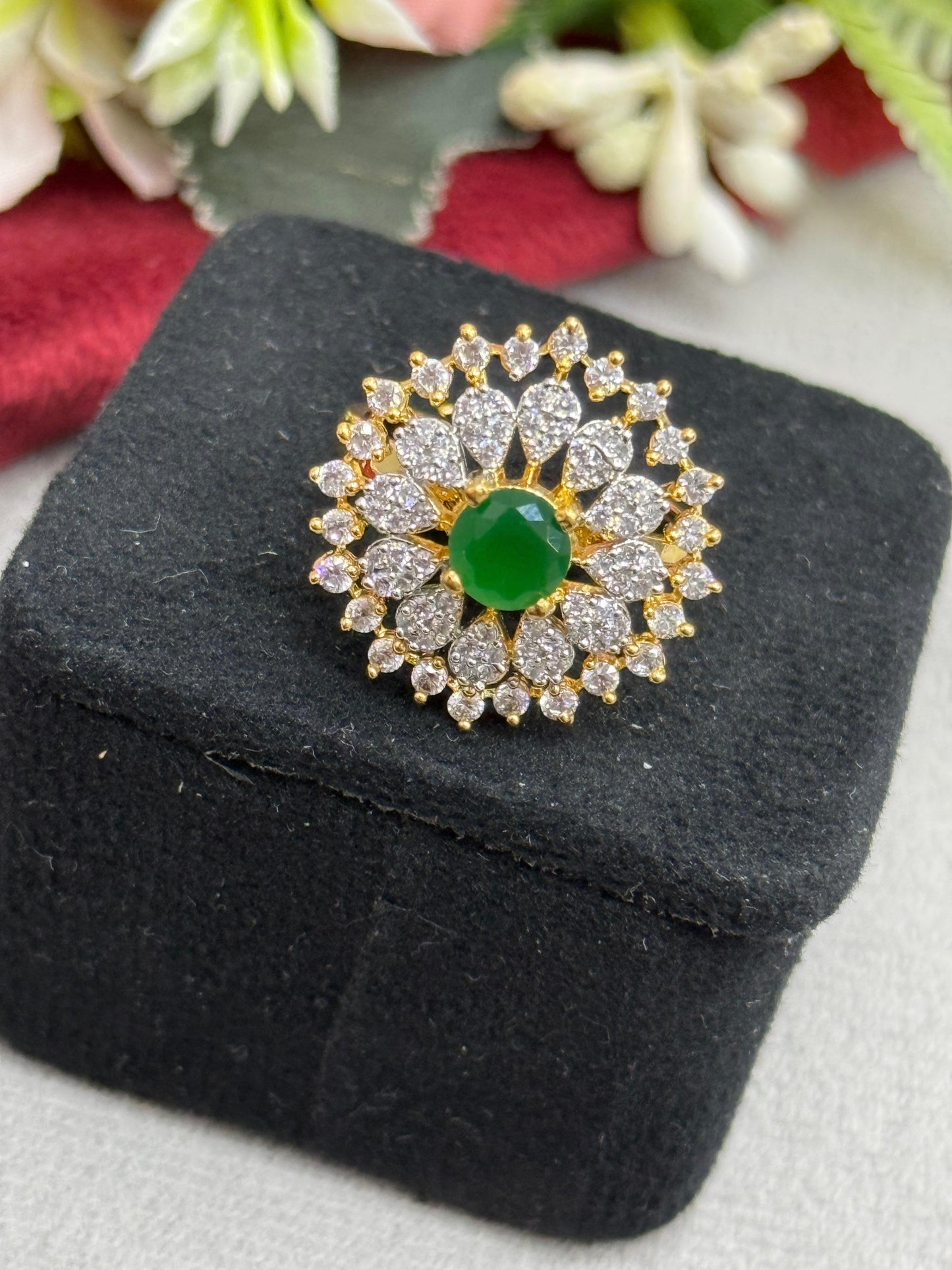 Premium Floral Cluster Ring In Green
