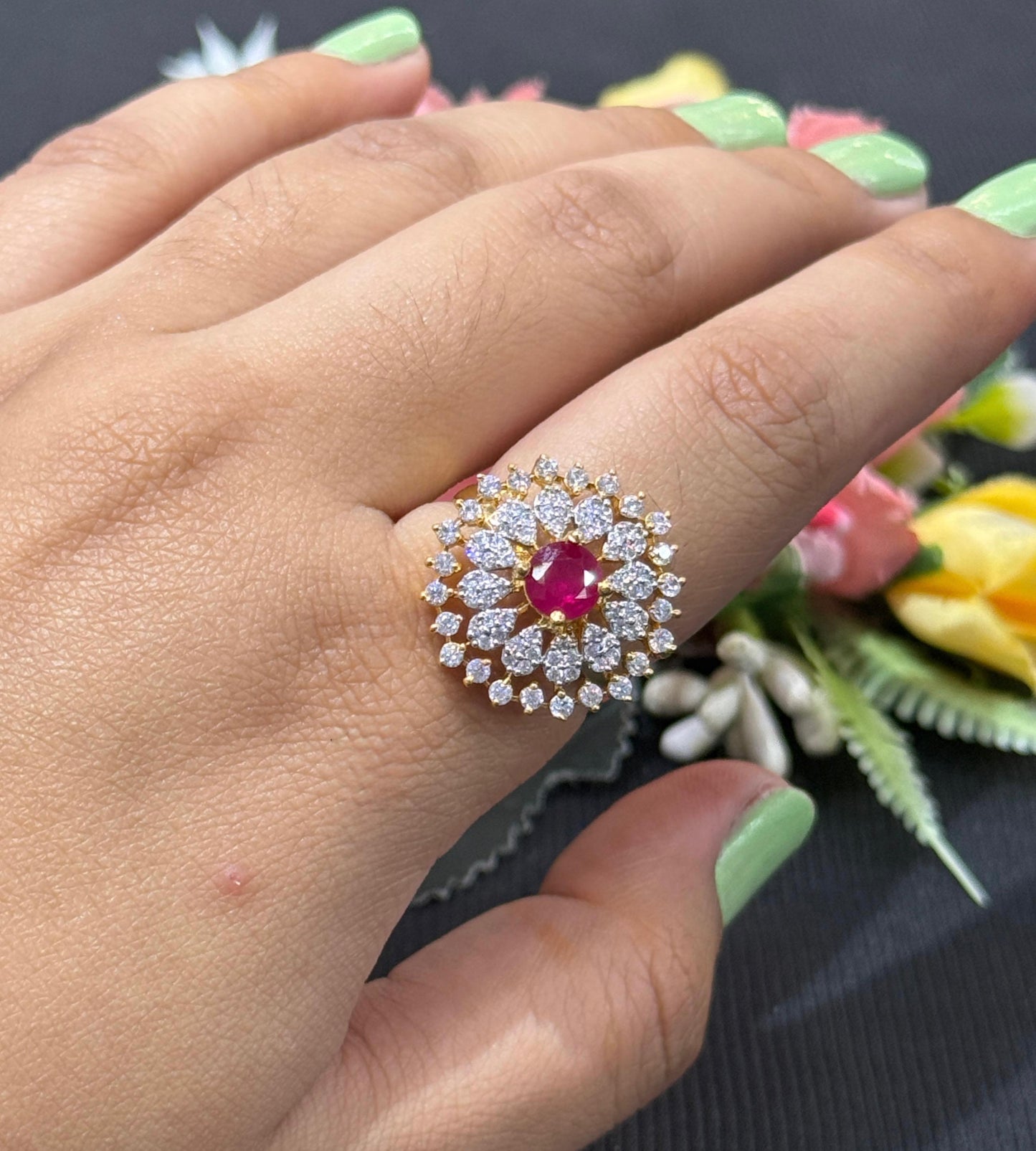Premium Floral Cluster Ring In Ruby