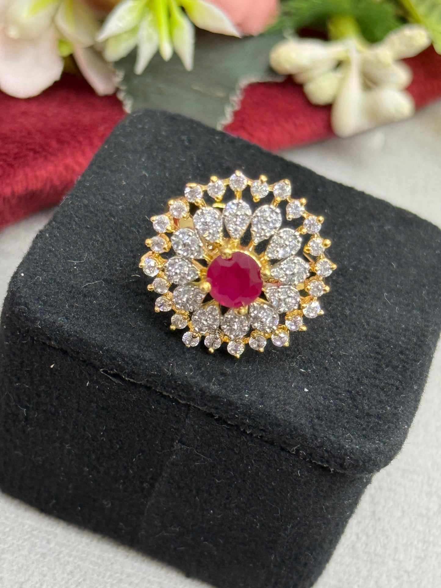 Premium Floral Cluster Ring In Ruby