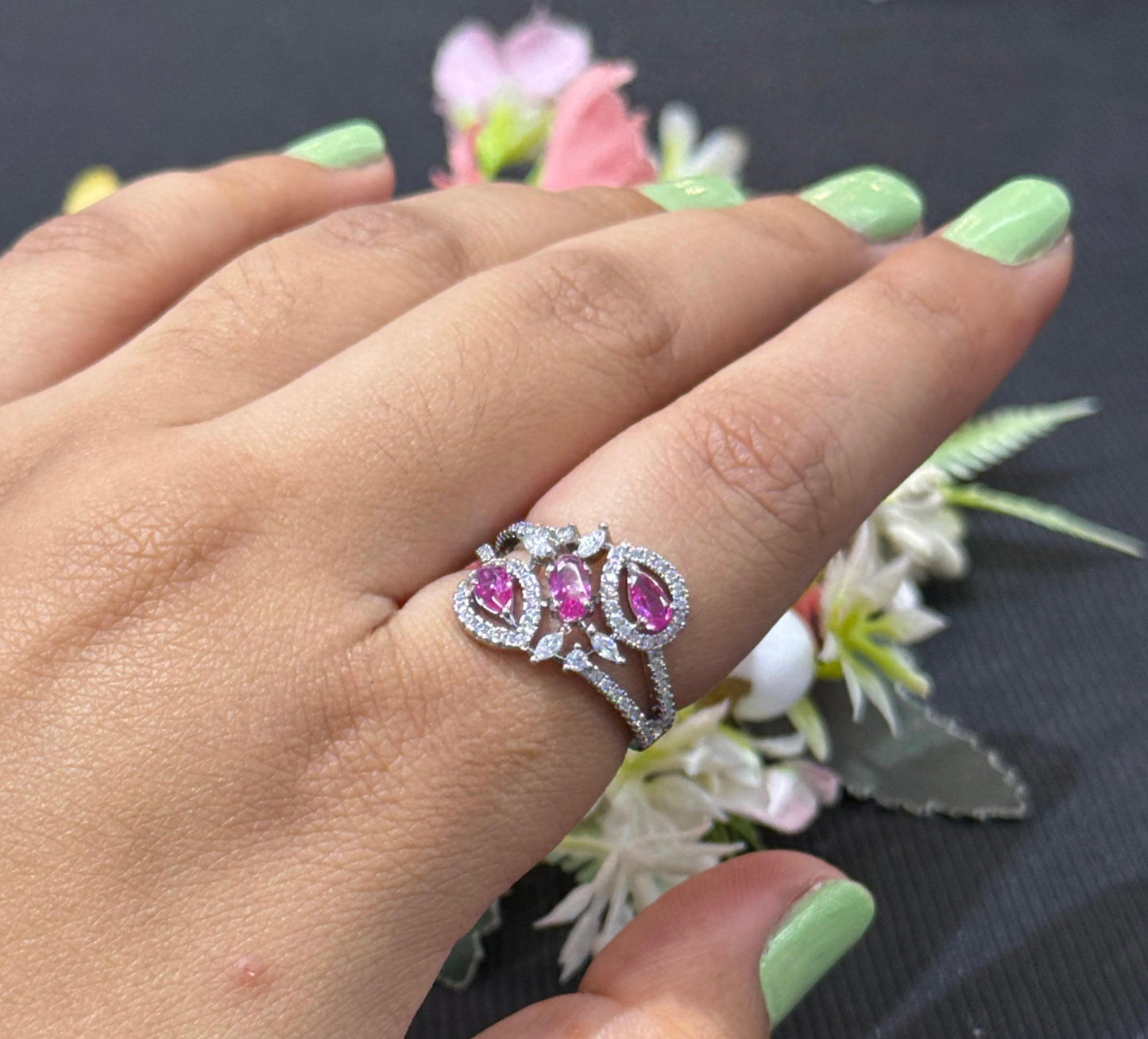 Elegant Ruby Silver Polish Petal Ring
