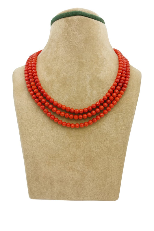 ORANGE CORALS BEADS THREE LAYER MALA FOR WOMEN 4-5mm SIZE