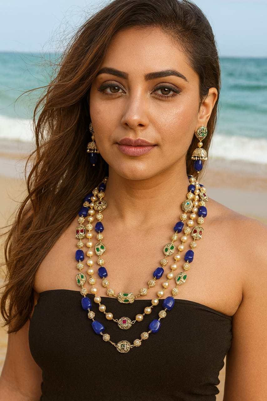 Royal Jaipuri Blue and Multi colour Tumble Beaded Mala For Women