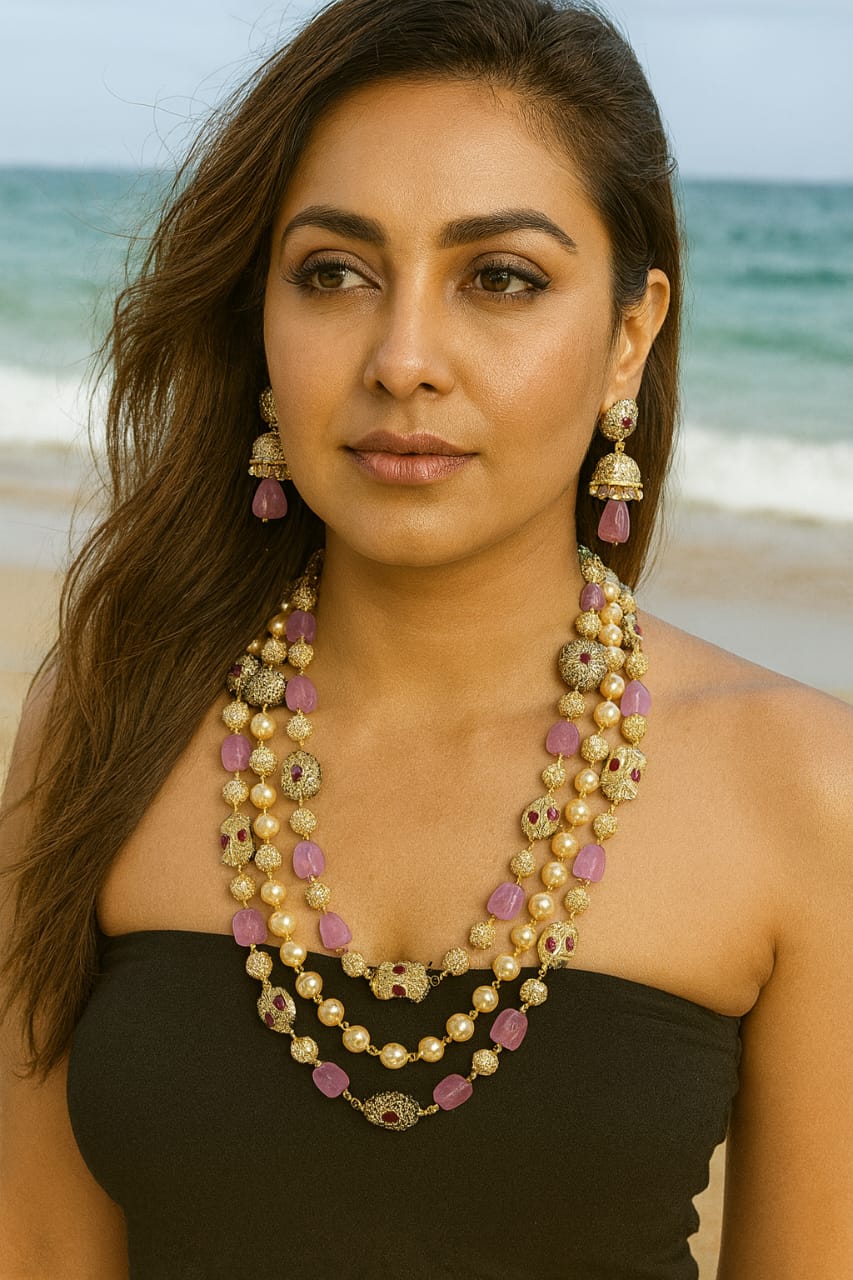 Royal Jaipuri Pink and Multi colour Tumble Beaded Mala For Women