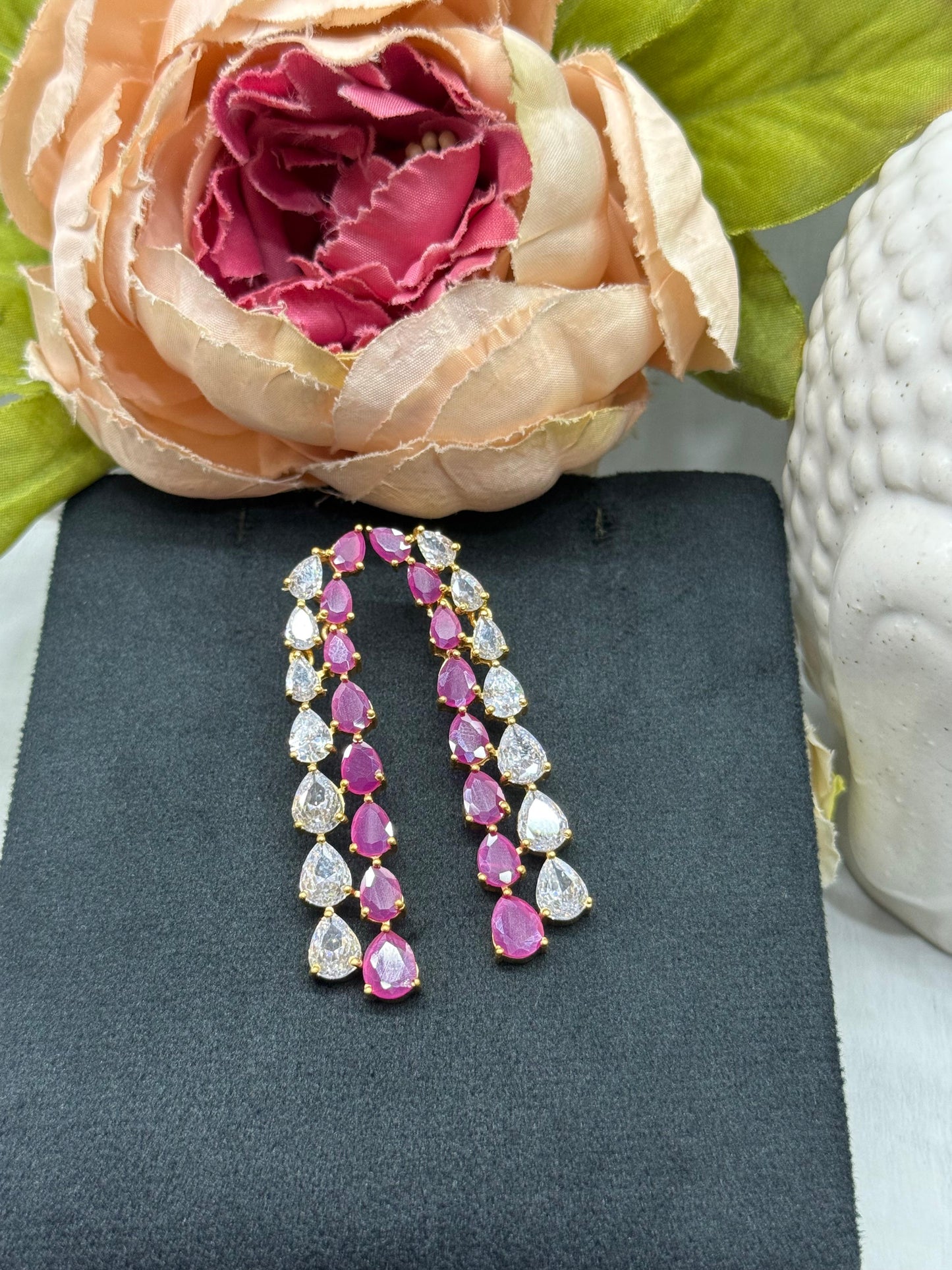 Long CZ Earrings In White and Pink For Girls And Women