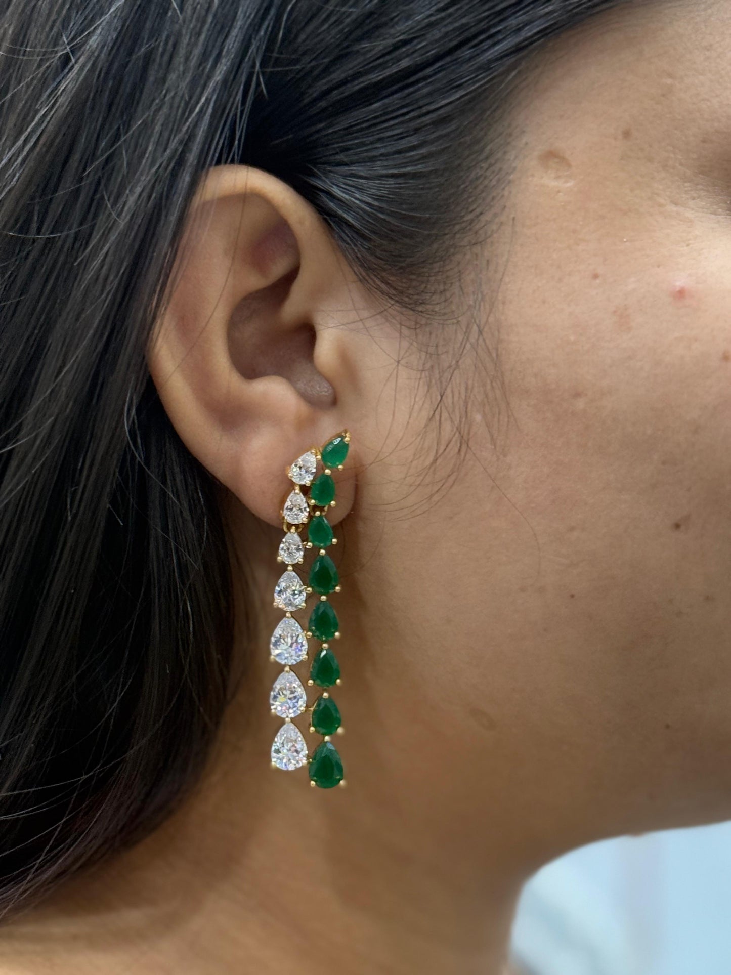 Long CZ Earrings In White and Green For Girls And Women