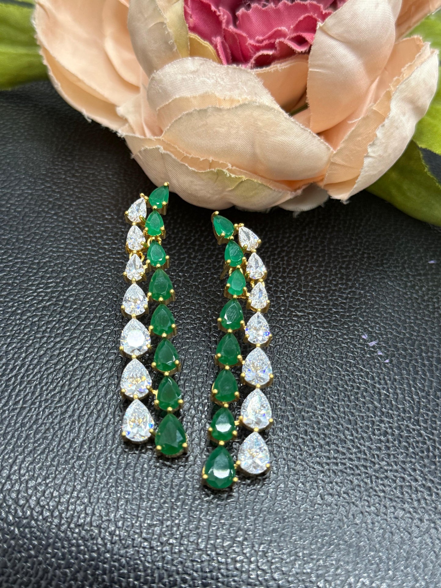 Long CZ Earrings In White and Green For Girls And Women