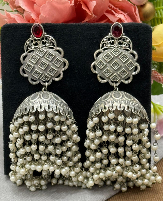 Oxidized Silver Jhumka Earrings with Red Stone Stud & Layered Pearl Chains