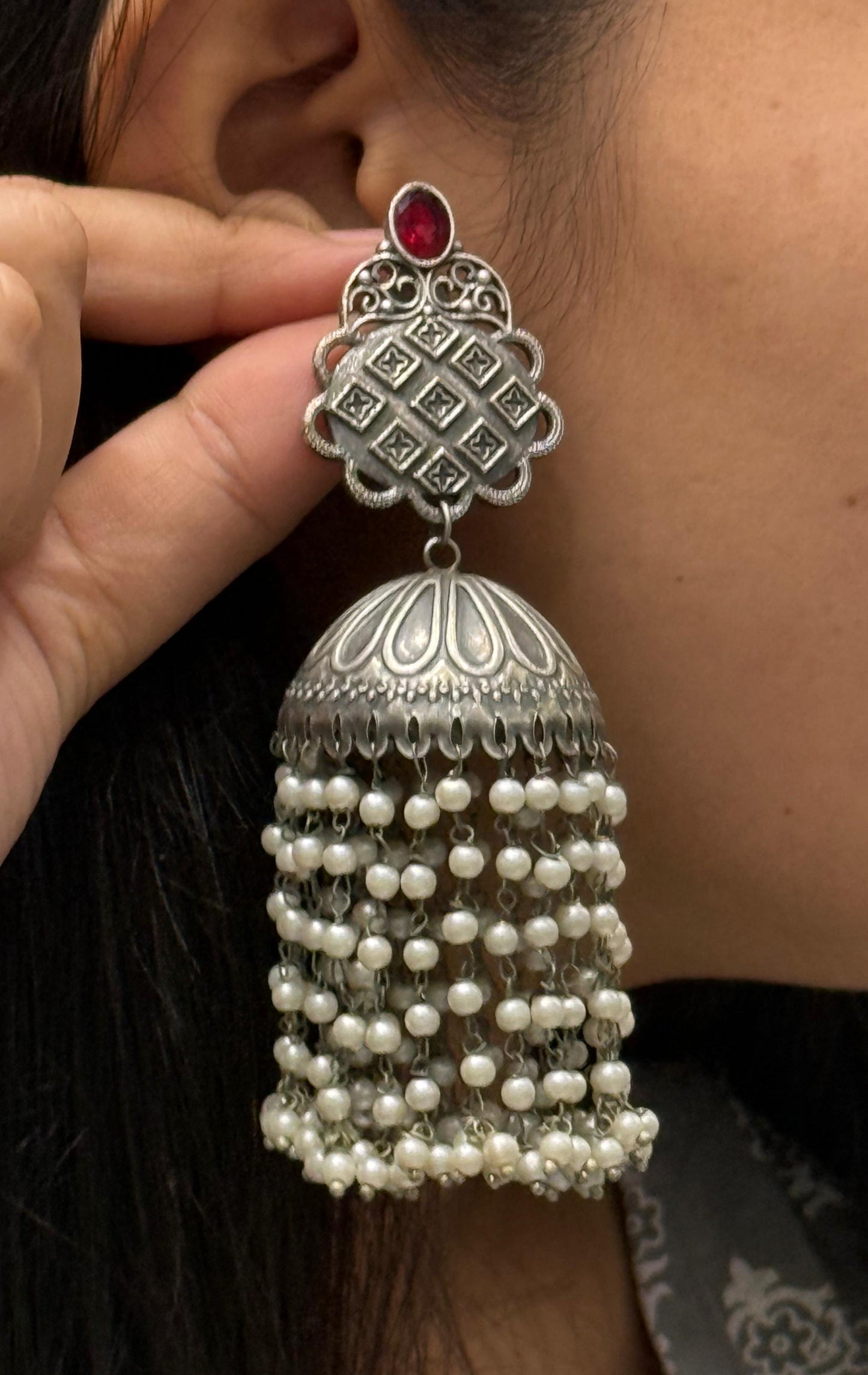 Oxidized Silver Jhumka Earrings with Red Stone Stud & Layered Pearl Chains