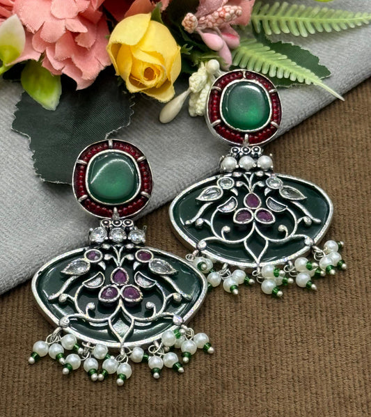 Oxidized Green & Red Stone Earrings with Pearl Beads
