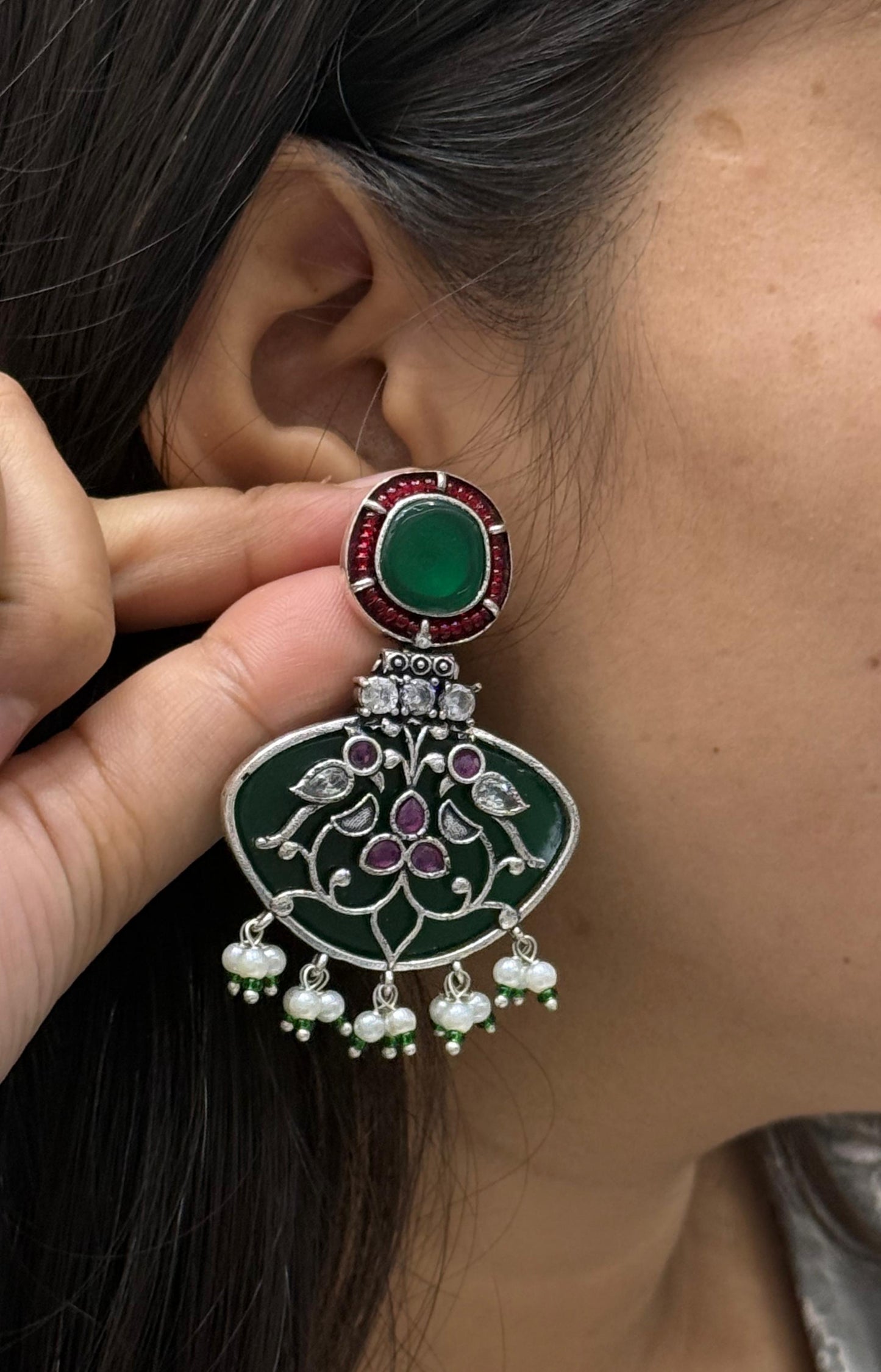 Oxidized Green & Red Stone Earrings with Pearl Beads