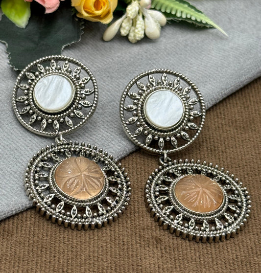 Oxidized Silver Round Earrings with White & Blue Stone Detailing
