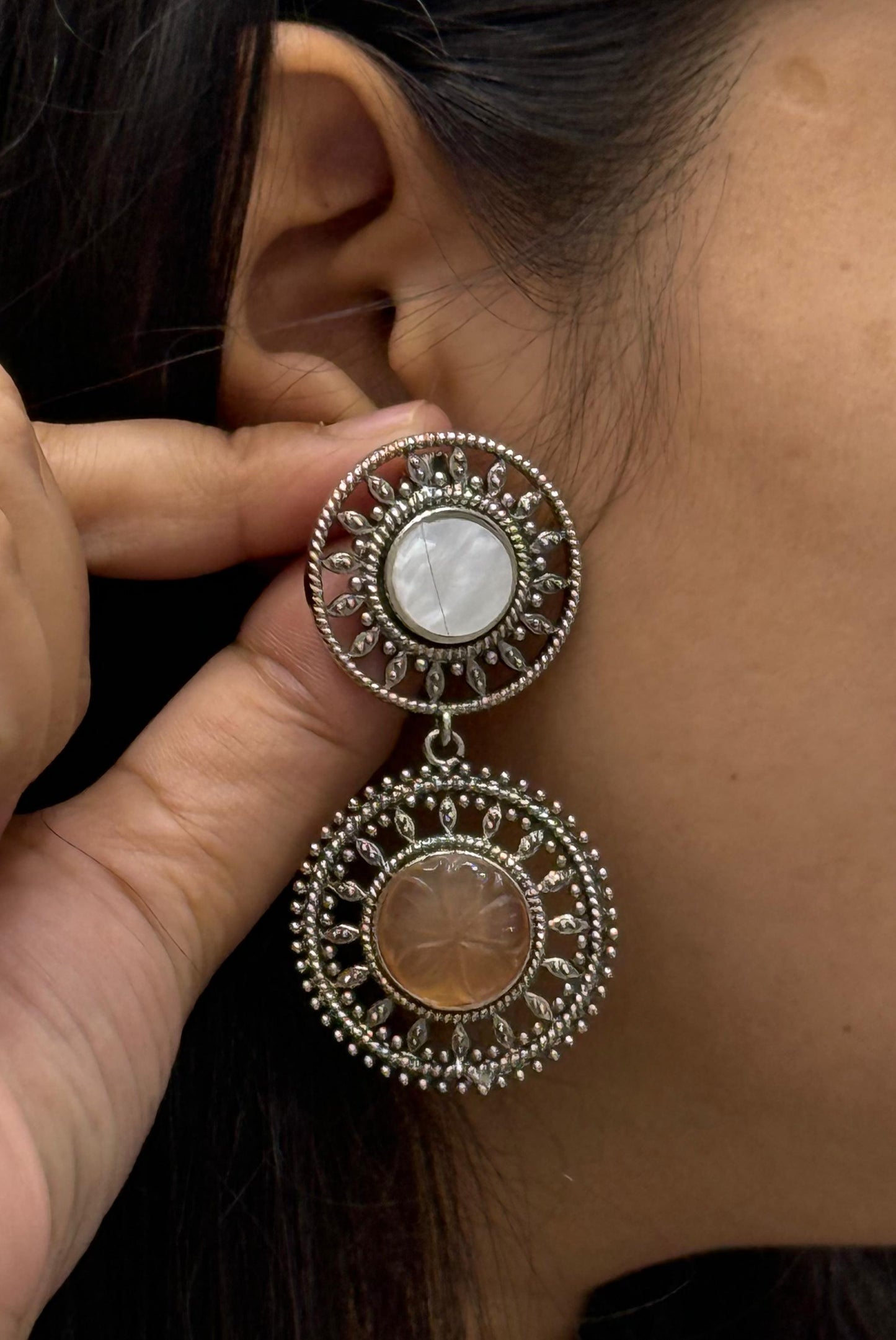 Oxidized Silver Round Earrings with White & Blue Stone Detailing