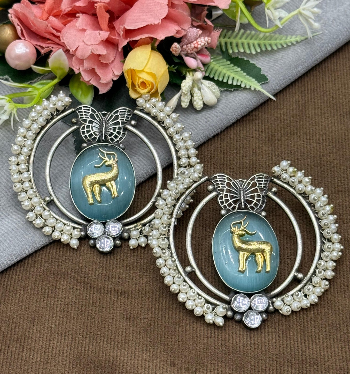 Ethnic Oxidized Silver Earrings with Animal Motif & Pearls