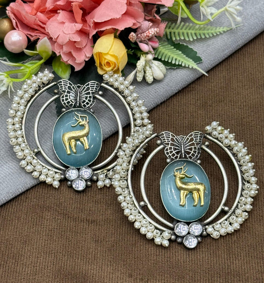 Ethnic Oxidized Silver Earrings with Animal Motif & Pearls