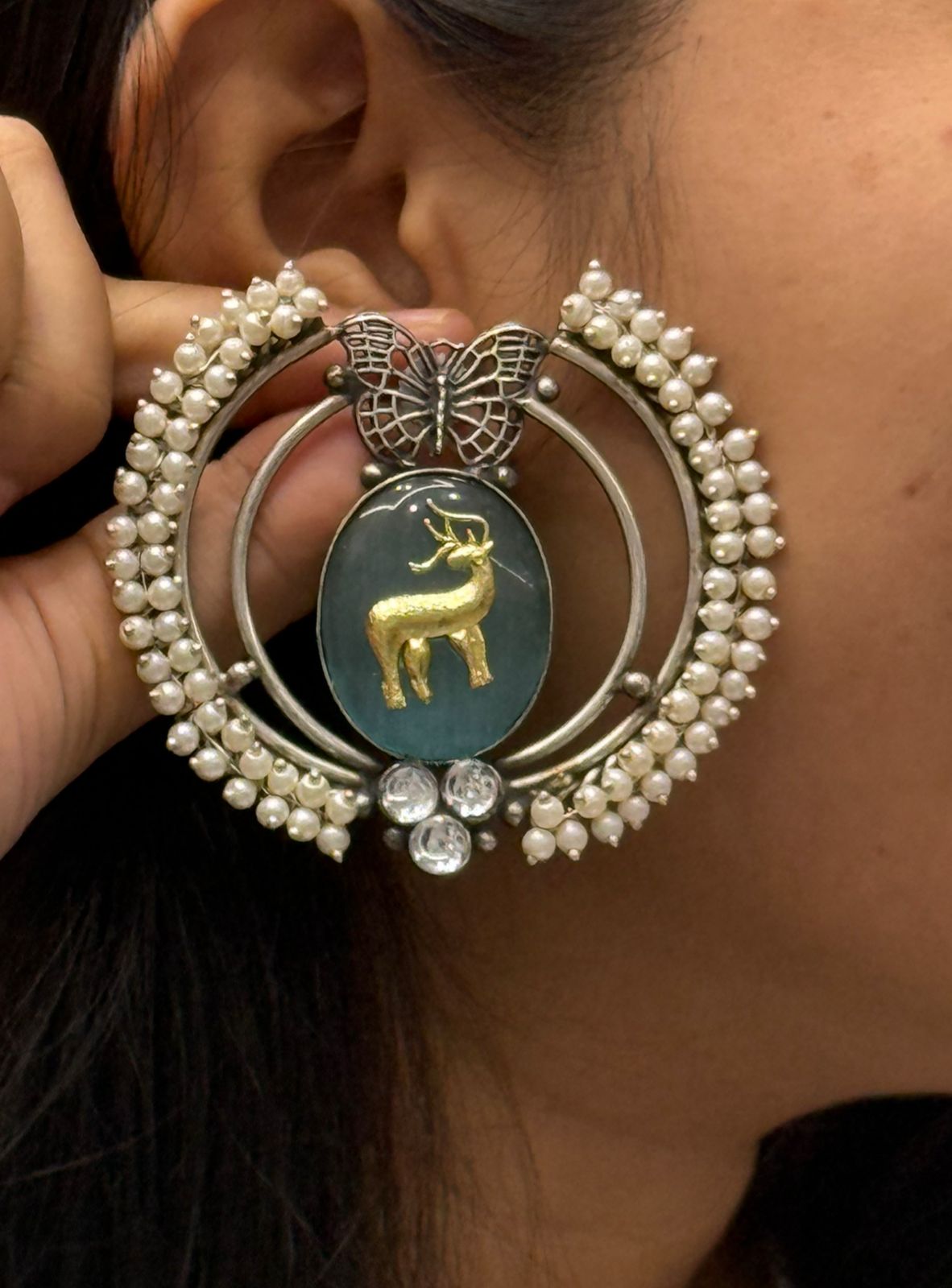 Ethnic Oxidized Silver Earrings with Animal Motif & Pearls