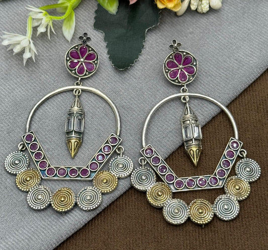 Statement Pink Stone Hoop Earrings with Antique Silver Finish