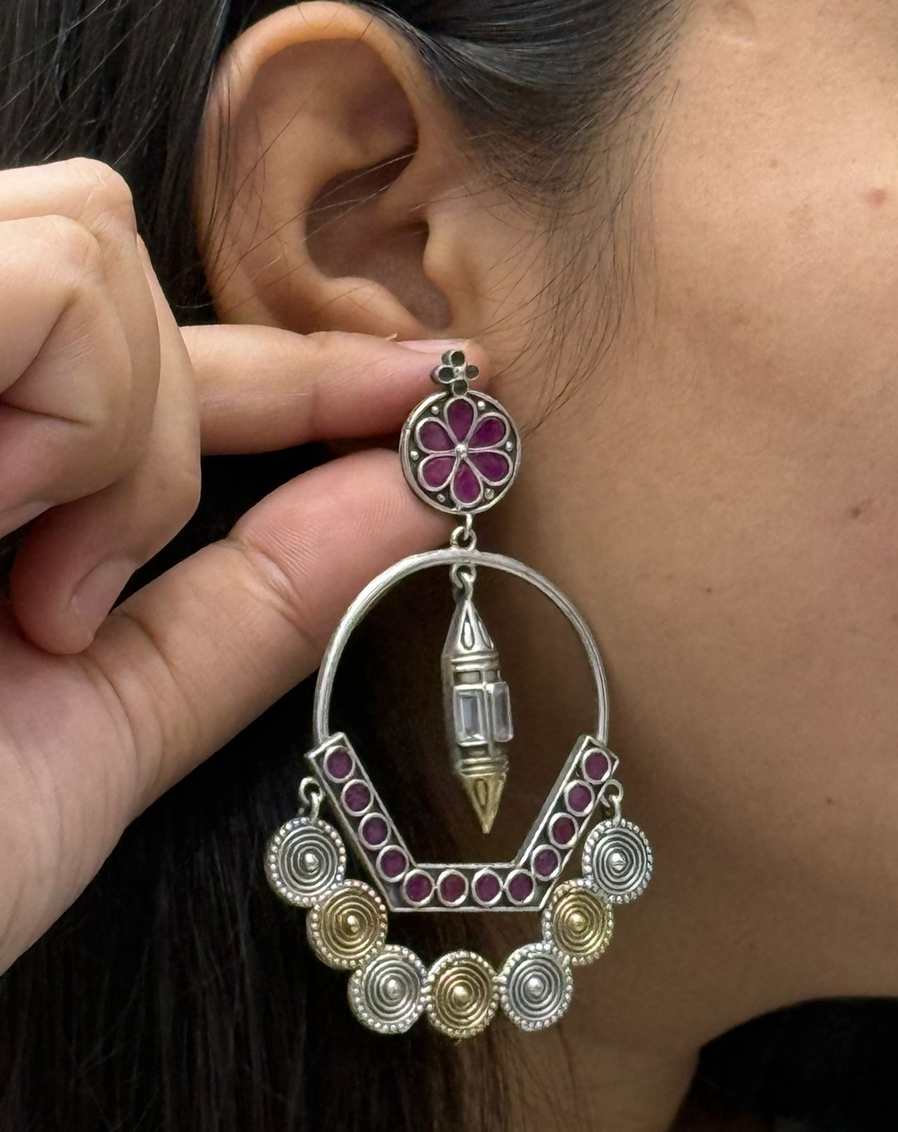 Statement Pink Stone Hoop Earrings with Antique Silver Finish