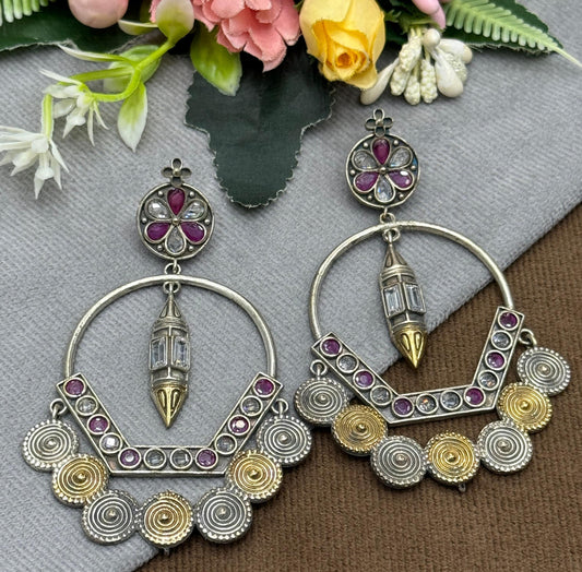 Statement Pink & White Stone Hoop Earrings with Antique Silver Finish