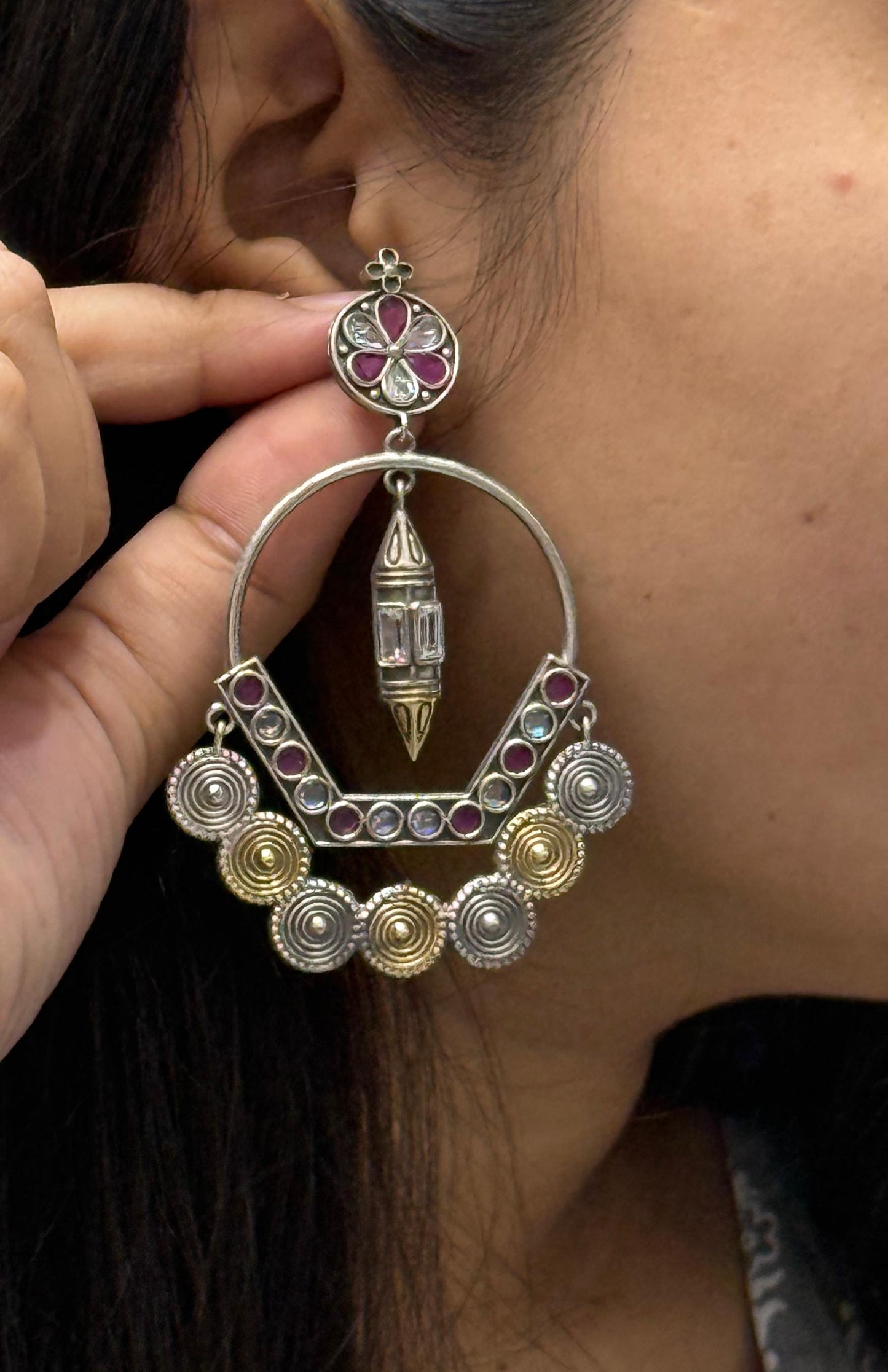 Statement Pink & White Stone Hoop Earrings with Antique Silver Finish