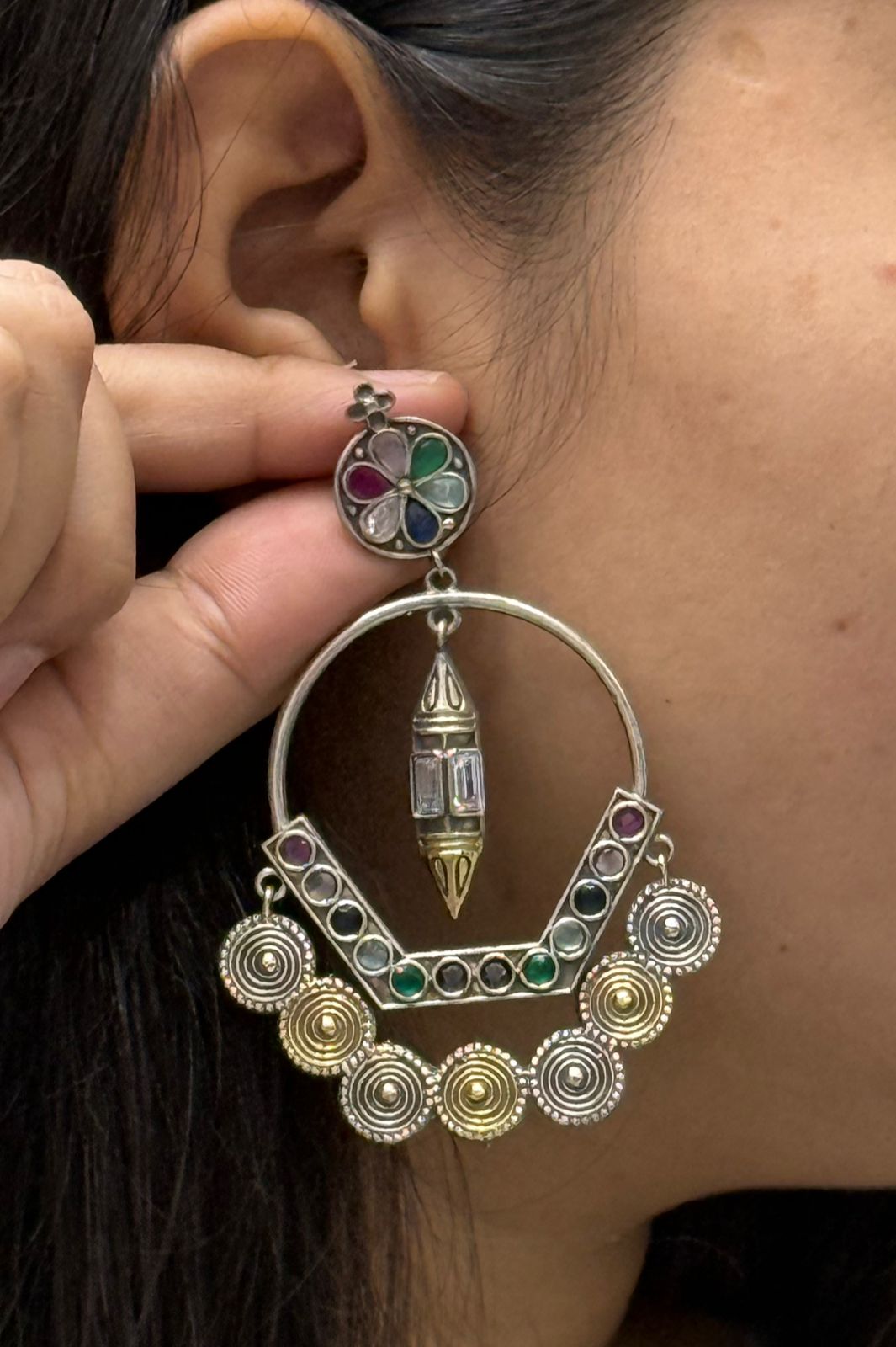 Statement Multicolour Stone Hoop Earrings with Antique Silver Finish