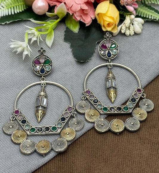 Statement Multicolour Stone Hoop Earrings with Antique Silver Finish