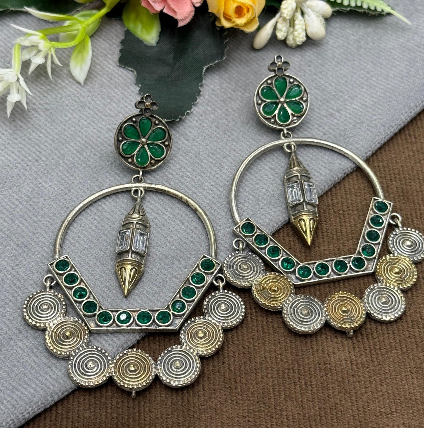 Statement Green Stone Hoop Earrings with Antique Silver Finish