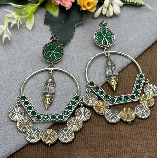 Statement Green Stone Hoop Earrings with Antique Silver Finish