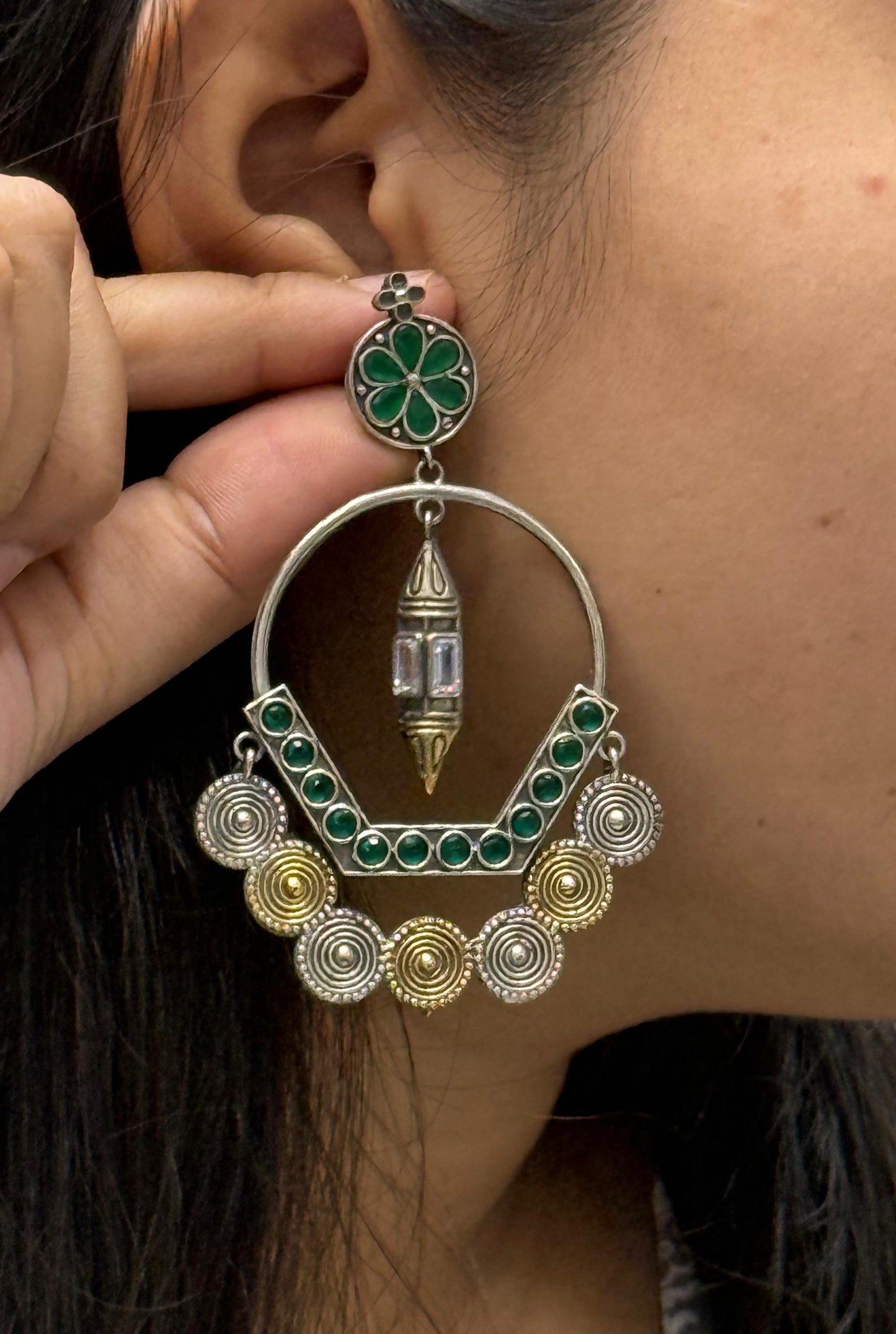 Statement Green Stone Hoop Earrings with Antique Silver Finish