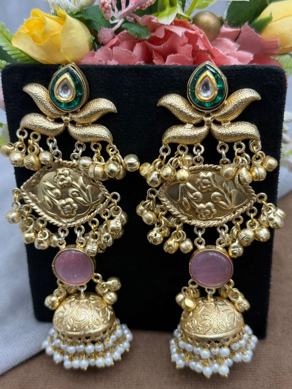 Handcrafted Gold-Plated Jhumka Earrings with Kundan & Pearl Detailing